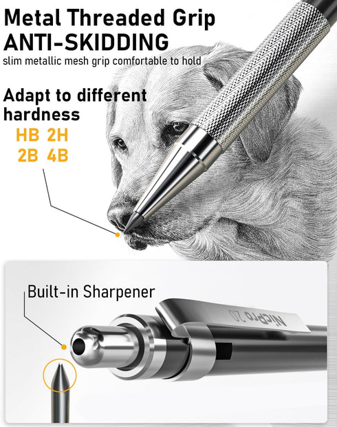 Nicpro 6 PCS Art Mechanical Pencil Set, Black Metal Drafting Pencils 0.3-0.9mm & 2PCS 2mm Graphite Lead Holder