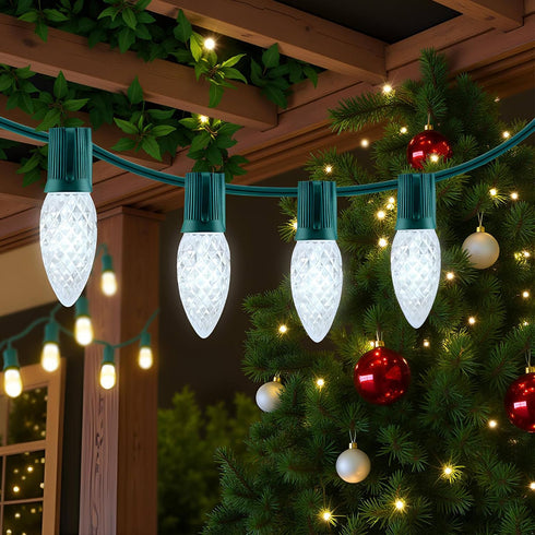 C9 25 25 Count 12" Bulbs Set YULETIME Cool White LED Christmas Lights, Feet Spacing Faceted Strawberry UL Certified