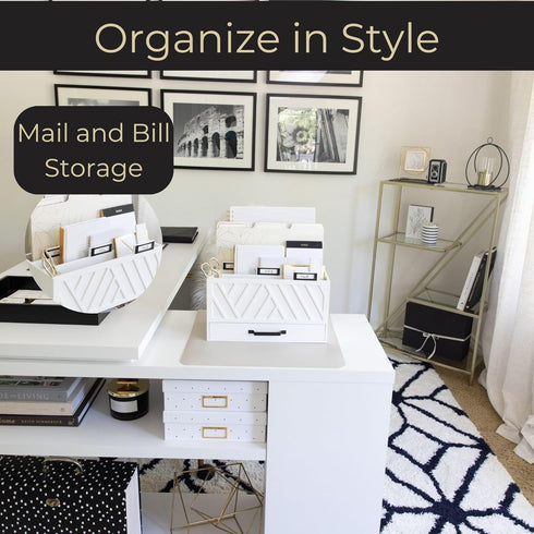 BLU MONACO Mail Organizer for Home, White Wooden Desk Bill Organizer with Drawer for Kitchen Countertop