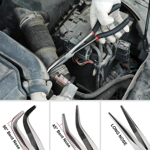 6PCS Set, 11" 45 90 5/16", 1/2" 3/4" Mayouko Extra Long Reach Pliers Straight, and Bent Nose, and Circle Nose Pliers