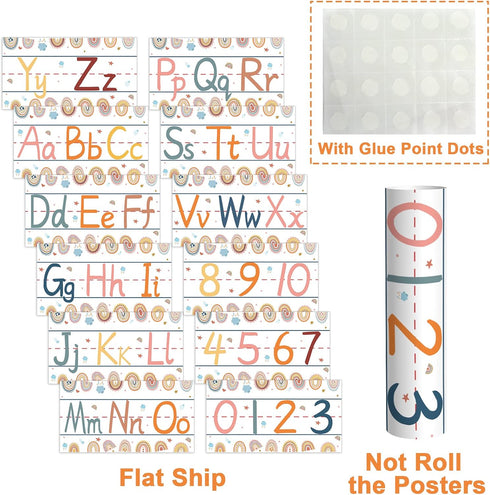 gisgfim 12 Pieces Alphabet Bulletin Board Strips Set, Boho Rainbow Alphabet Line ABC Banner & Number Border Posters for