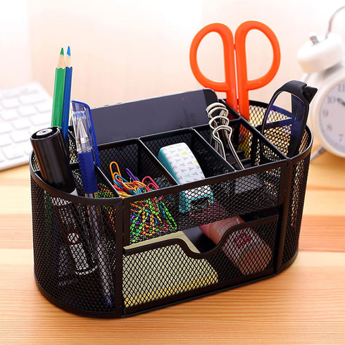 Black Mesh Desk Organizer, 9 Compartments with Drawer, Multifunctional Office Supplies Caddy for Desk Organization