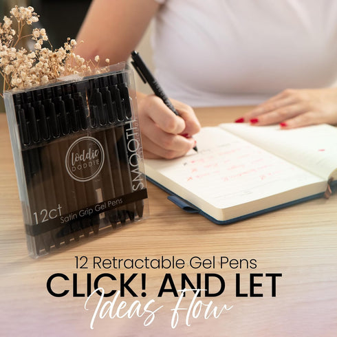 Loddie Doddie 12 Pack Black Gel Pens - 0.7 mm Medium Point Smooth Writing Retractable, No Bleed Non Smudge