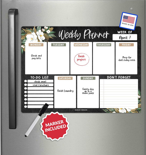 Floral Magnetic Weekly Calendar for Fridge, Dry Erase Board, Magnetic Planner, Schedule Board for Fridge