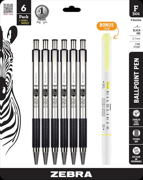 Zebra Pen F-301 Retractable Ballpoint Pen, Fine Point, Black Ink, Stainless Steel Barrel, Plus Yellow Mildliner
