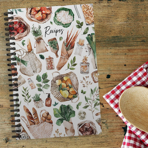 Boho Farmer's Market Notebook, 5.5" x 8.5" Spiral Watercolor Cookbook, 120 Recipe Pages, Durable Twin Loop Cover