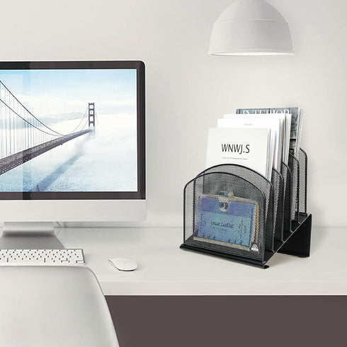 Inclined Desk File Organizer, 5-Section Vertical File Folder Holder Stand, Metal Rack for Office Desktop Organization