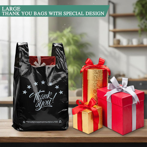 11''x6''x21'' 100PCS YoYoRain Black Thank you T shirt bag, Grocery shopping bag Reusable and Disposable Supermarket Bag