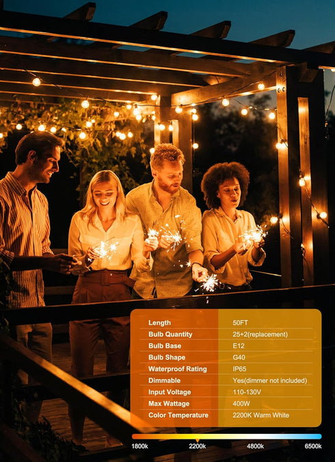 50FT 25 G40 Bulbs IP65 Dimmable Brightown Outdoor String Lights, Shatterproof Patio Lights, Waterproof Hanging