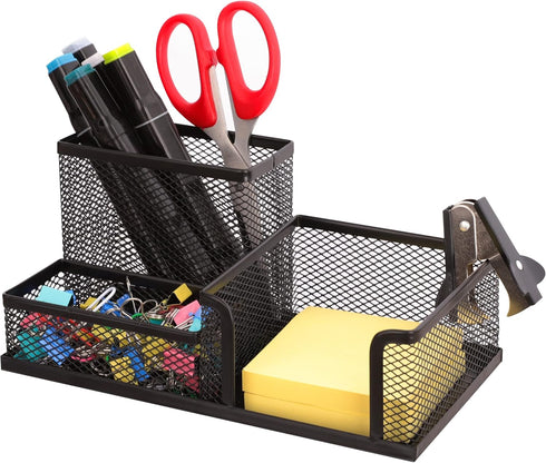 Mesh Pencil Holder Desk Organizers, 3 Compartments Black Pen Holder Storage for Office Accessories