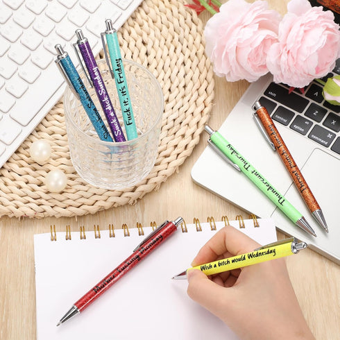 Sherr 7 Pcs Christmas Weekday Pens, Glitter Funny Ballpoint Pens with 10 Black Ink Refills, Rainbow Week Gifts