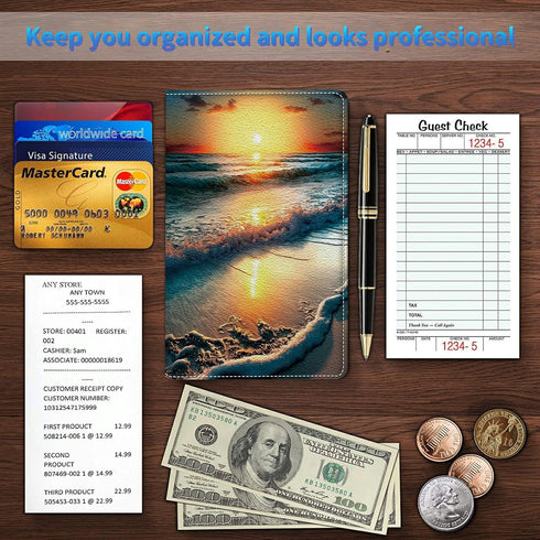 Server Books for Waitress, Leather Wallet with Zipper Pocket, 7 Storage Pockets for Recipes and Checks, Beach Sunset
