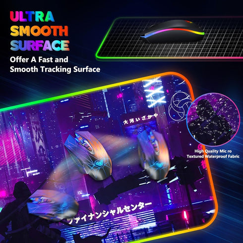 RGB Mouse Pad with 15W Wireless Charging, Purple Anime Neon Extended Large LED Gaming Pad, 10 Light Modes for Home
