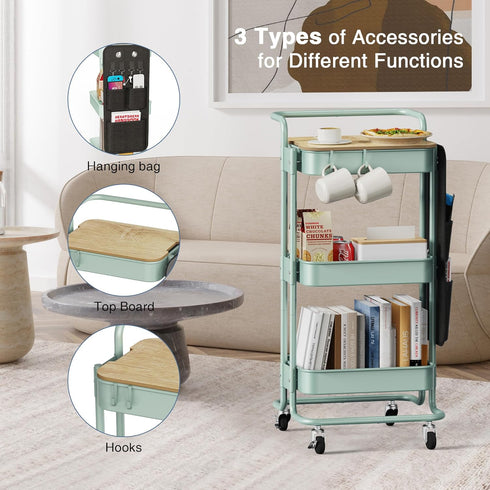 DTK 3 Tier Metal Utility Rolling Cart, Table Top & Side Bags, Storage Organizer with Wheels, Green