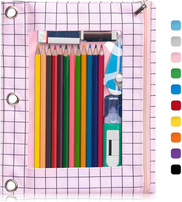 Forvencer Pencil Pouch for 3 Ring Binder, Big Capacity Clear Window Pencil Case, Pink Plaid