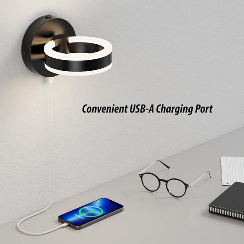 LED Wall Sconces with ON/Off Switch, Matte Black Rotatable Hardwired Wall Light Fixtures, Built in USB Charging Port