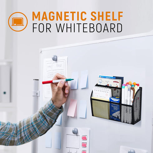 DALTACK Magnetic Pencil Holder, 3-Grid Mesh Magnetic Shelf for Whiteboard, Refrigerator, Locker Organizer