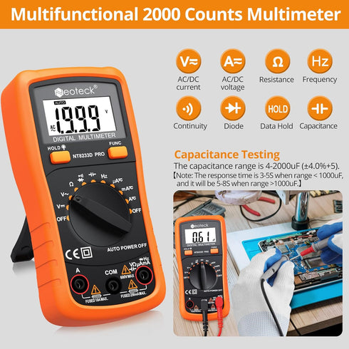Neoteck Auto Ranging Digital Multimeter, AC/DC Voltage Current Ohm Capacitance Frequency Diode Transistor, Multi Tester