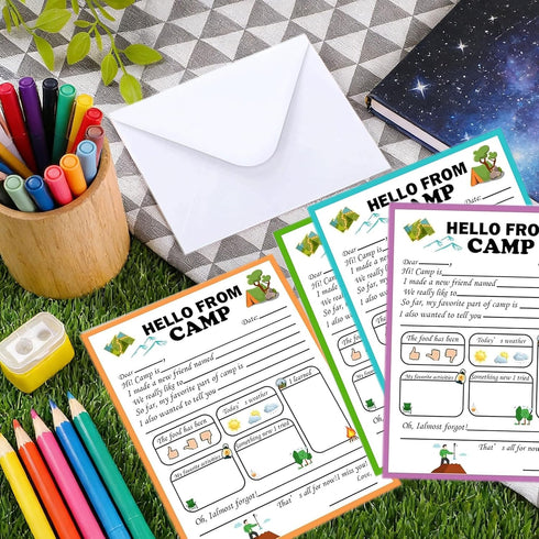 wootile 18 Sets Summer Camp Greeting Cards for Campers How's Camp Notes Adventure Flat Cards for Travel Fill in The
