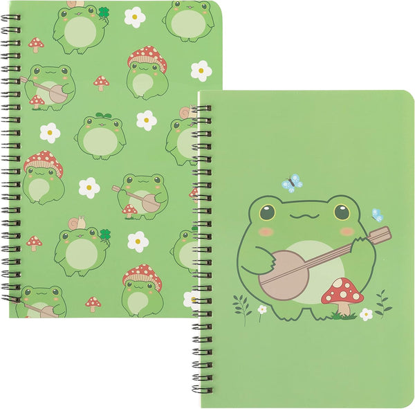 L1rabe 2 A5 Frog Spiral Notebooks, Cute Frog Playing Banjo, College Ruled Hardbound Notebooks for Kids Teens Christmas