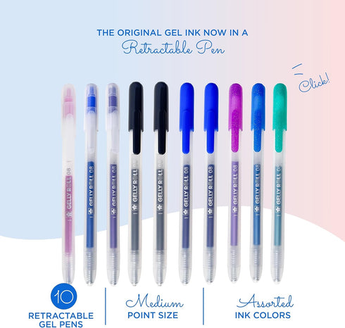 SAKURA Gelly Roll Retractable Gel Pens Colored - Sparkle Color Set - Medium Point Ink Pen for Journaling, Art, or Drawing - Colored Gel Pens with Glitter, Metallic, Blue & Black Pens - 10 Pack