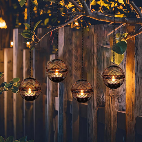 4 Pack Solar Hanging Lanterns Lights Outdoor, Hanging Candle Holder with Solar Tea Lights Candles Outdoor Waterproof