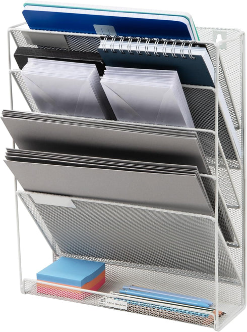 Mind Reader 5-Tier Vertical File Storage Desktop Organizer, Wall Mount, White Metal Mesh