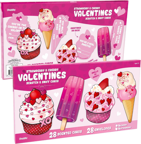 Kangaroo Strawberry & Cherry Scented Valentines Day Cards with Envelope - Scratch & Sniff for Kids, Pack of 28