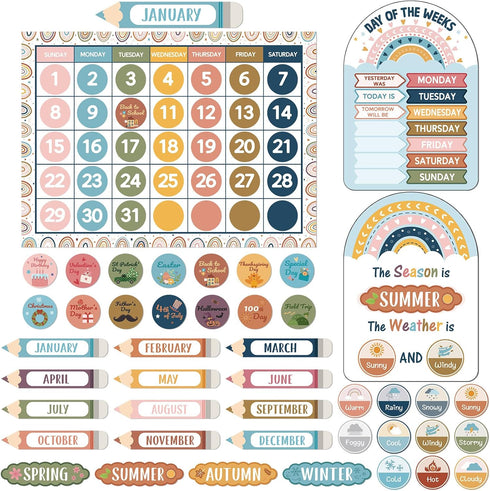 Calendar Bulletin Board Set - Seasons Weather Chart CTP Display with Stickers for School Classroom (Rainbow Style)