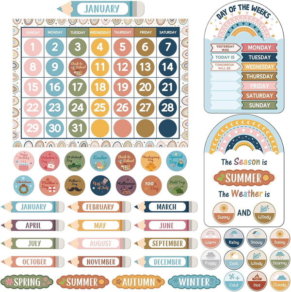 Calendar Bulletin Board Set - Seasons Weather Chart CTP Display with Stickers for School Classroom (Rainbow Style)