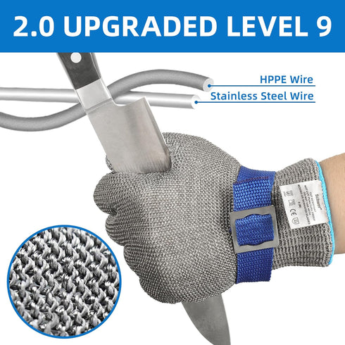 A9 1 Schwer ANSI Cut Resistant Glove, Food Grade Stainless Steel wire Mesh Metal Gloves, Knife Cutting Gloves
