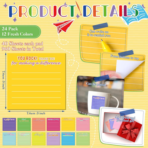 Yinder 24 Pcs Employee Appreciation Sticky Notes Thank You Gifts Bulk End of Year Teacher Gift Mini Pocket Inspirational Notepads for Coworker Graduation School Office Supply 3 x 3''(Bright)