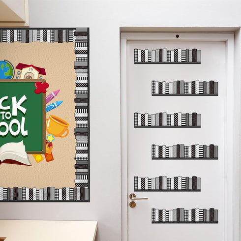 65.6 FYSUIMU Ft Back to School Bulletin Board Border Black White Book Bookshelf Die Cut Border Trim Roll for First Day