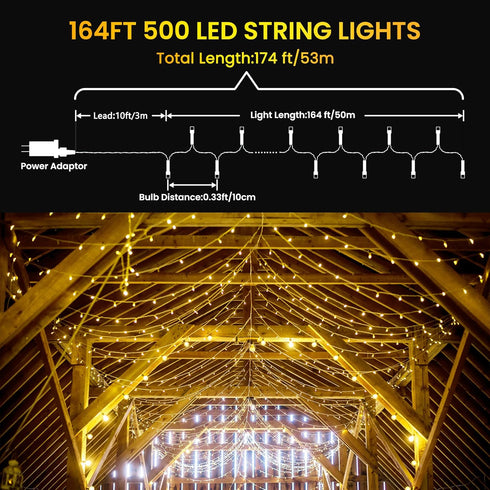 175Ft 500 8 Christmas Lights Outdoor, LED Christmas String Lights with Modes, Timer, Waterproof Fairy Twinkle Light