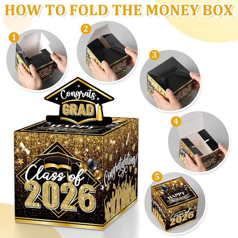Sereliy 2026 Set Graduation Money Box for Cash Gift Pull, Black Gold Money Pull Box Gift Grad Suprise, Funny Graduation