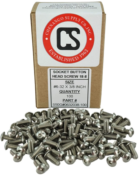 Stainless #6-32 x 3/8" Socket Button Head Cap Screws, Full Thread, Hex Drive, Stainless Steel 18-8, Machine Thread