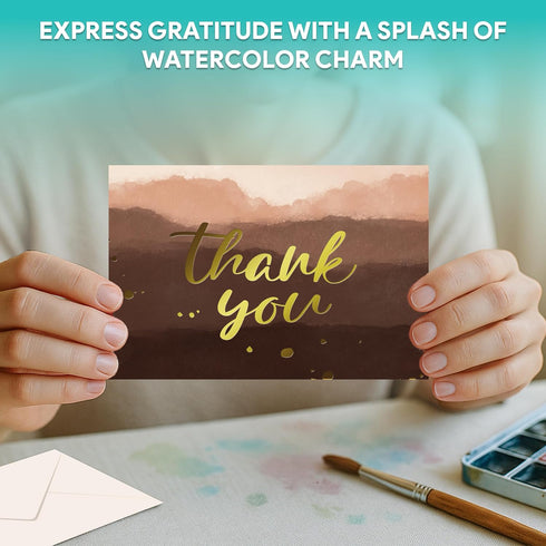 50 Pack 6x4in 10 Decorably Gold-Foiled Watercolor Blank Thank You Cards with Envelopes Bulk and Stickers, Folded
