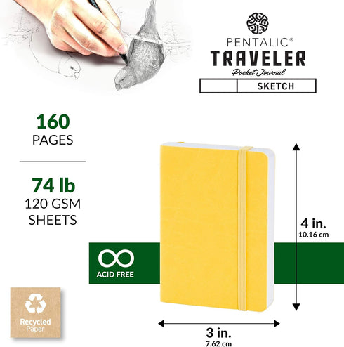 Pentalic Pocket Sketchbook: 3" x 4" Traveler Journal, 160 Pages, Yellow Gold