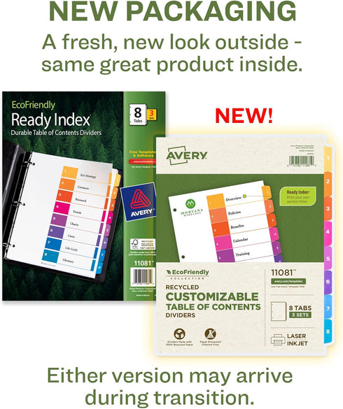 Avery EcoFriendly Recycled Dividers for 3 Ring Binders, 8-Tab Multicolor, 3 Sets for 24 Total (11081)