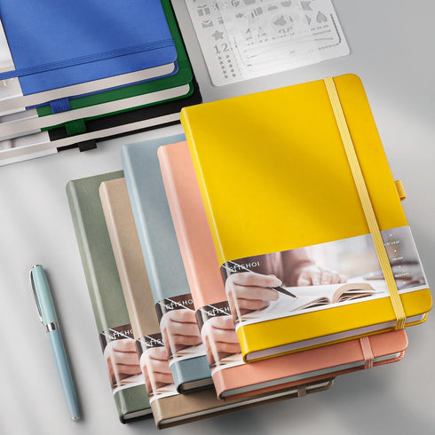 EMSHOI Dotted Journal Notebook, 320 Pages A5 Hardcover Leather Journal for Writing, 5.75" x 8.38" (Yellow)