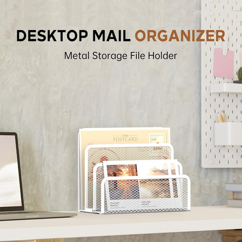 SUPEASY Mail Organizer, Desktop File Holder with 3-Slot, Mesh Metal Countertop Letter Sorter for Office