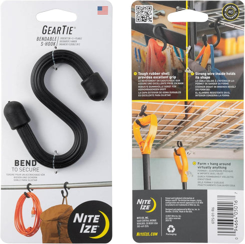 Nite Ize Gear Tie Bendable S-Hook - Utility S-Hook for Hanging, Tough Rubber Shell with Flexible Wire, Black (4 Pack)