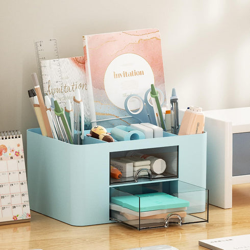 Marbrasse Pen Organizer with 2 Drawers, Multi-Functional Pencil Holder for Desk Accessories