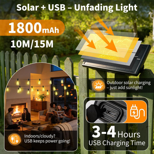FUANXIEI ST38 50FT 15M Bulbs 3 Dimmable Solar Lights Outdoor Waterproof: Shatterproof Patio Lights - Solar Powered