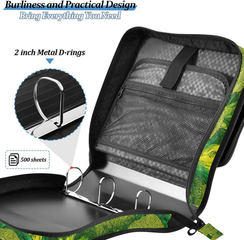 Fisyme 3 Broccoli Pattern Zipper Binder Ring with Zipper and Shoulder Strap Large Capacity Multi-Pocket Binder