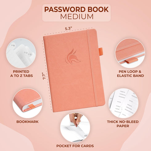 Clever Fox Password Book - Internet Address Organizer Logbook with Alphabetical Tabs - Medium Password Keeper (Peach
