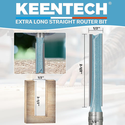 1/2" 1/2" 2-1/2" KEENTECH Carbide Tipped Extra Long Straight Router Bit for Woodworking, Shank, Cutting Diameter x