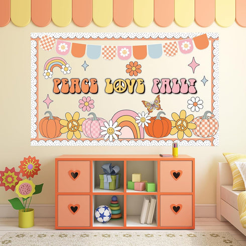 Groovy Fall Pumpkin Bulletin Board Set, Autumn Thanksgiving Decorations, Peace Love Paper Cutouts for Classroom Decor