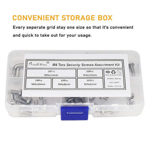 binifiMux 50pcs T20 M4 Torx Bolts Button Pin Head Security Screws Assortment Kit with Wrench, Stainless Steel,
