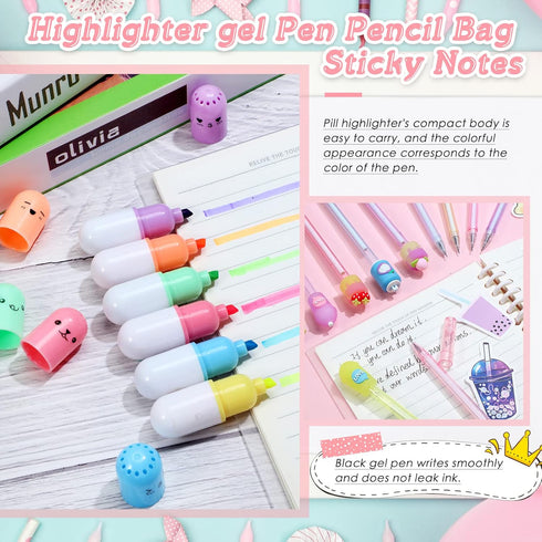 Sabary 228 Pcs Kawaii Stationary Set, Telescopic Boba Pencil Pouch, Gel Ink Pen, Sticky Note, Cute School Supplies for